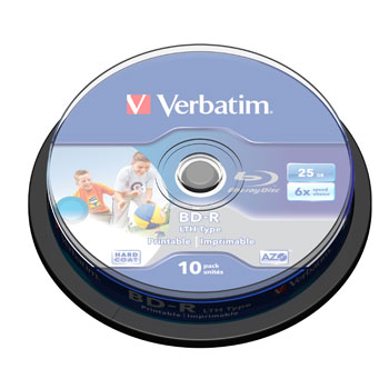 Verbatim 43751 10pcs 25Gb Bluray 6 speed  Media with Wide Ink Jet Printable Surface in a Cake tub