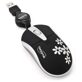 Dicota Blossom Pro Wired Mouse Black for Notebooks Travel Retractable Cable USB