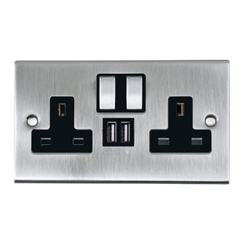 Power Knight Dual Fast Charge 2.1A USB ports with 2 UK Mains Double Socket Plugs Brushed Chrome