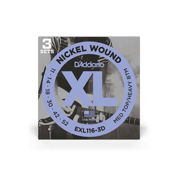 D'Addario EXL116-3D Nickel Wound Electric Guitar Strings, Medium Top/Heavy Bottom, 11-52, 3 Sets