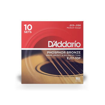 D'Addario EJ17-10P Phosphor Bronze Acoustic Guitar Strings, Medium, 13-56, 10 Sets