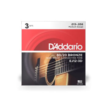 D'Addario EJ12-3D 80/20 Bronze Acoustic Guitar Strings, Medium, 13-56, 3 Sets