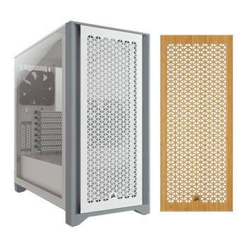 Corsair 4000D Airflow White Chassis + Corsair 4000 Series Wooden PC Front Panel (Bamboo) Bundle