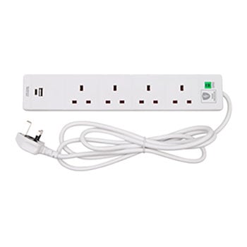 Tower 2 Metre 4 Socket Mains Extension Lead with USB Ports White