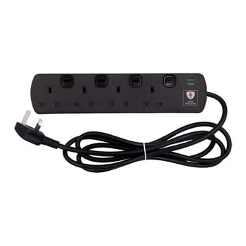 Tower 2 Metre 4 Socket Individually Switched Mains Extension Lead Black