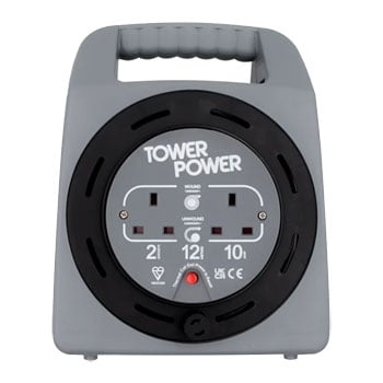 Tower 12 Metre 2 Socket Portable Cable Reel Grey / Black