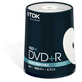 TDK DVD+R 4.7GB Storage Media 100pcs Cakebox