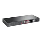 tp-link 16× PoE+ 10/100 Mbps RJ45 ports, 2× Gigabit RJ45 ports, and 1× combo Gigabit SFP slot.