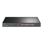 tp-link 16× PoE+ 10/100 Mbps RJ45 ports, 2× Gigabit RJ45 ports, and 1× combo Gigabit SFP slot.