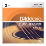D'Addario EJ15-3D 10-47 Extra Light Acoustic Guitar Strings 3-Pack