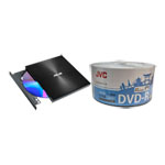 ASUS ZenDrive Black Slim External DVD Burner & JVC DVD-R Printable DVD 50-Pack Bundle
