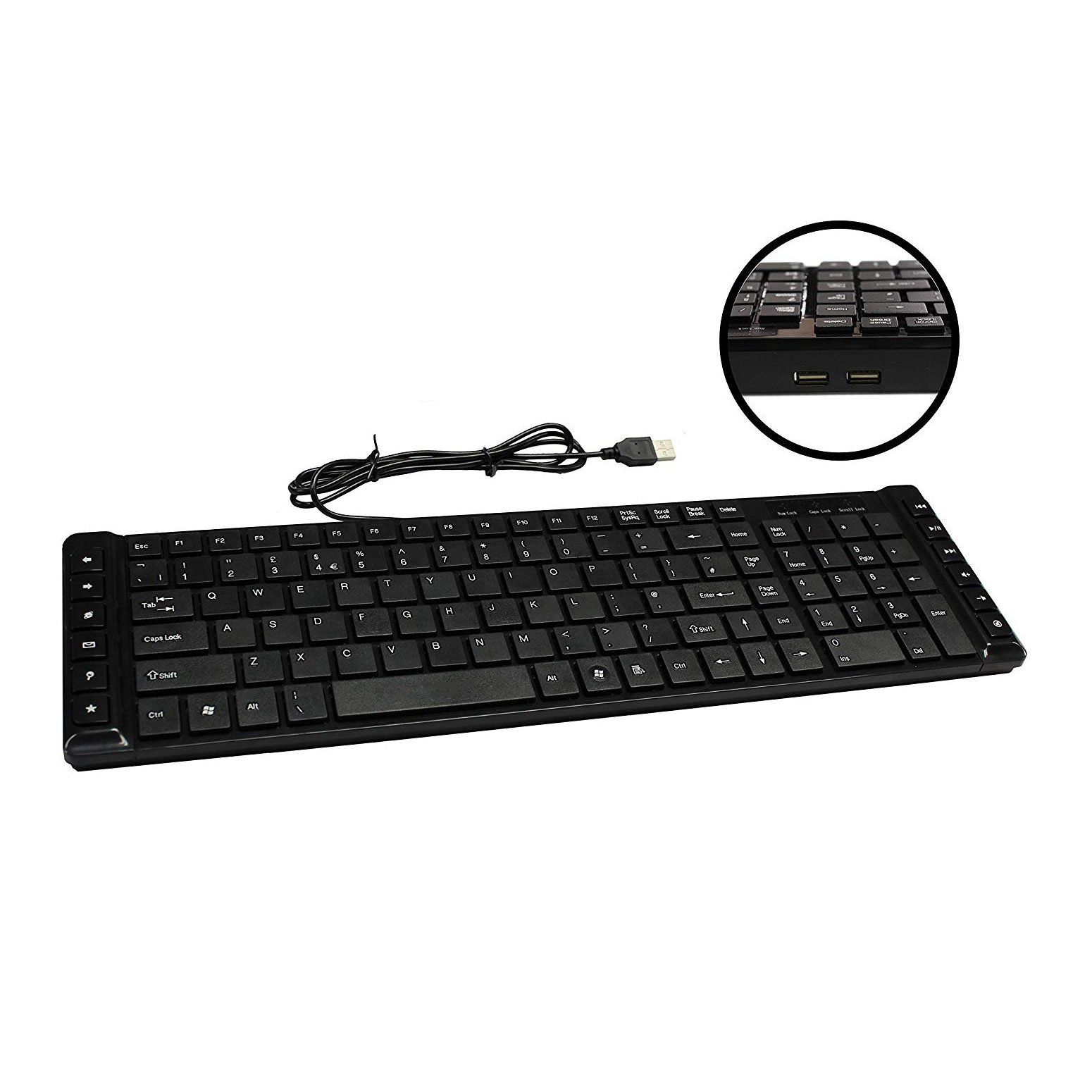 Xclio Slim Spill Resistant Quiet Multimedia Keyboard with 2 Port USB