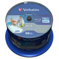50pcs Cakebox Verbatim 43812 BD-R SL Datalife 25GB 6x Inkjet Printable