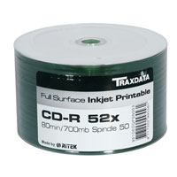 50pcs Cello Wrapped, Ritek/Traxdata CD-R 80MIN , 700MB CD-R 52x,  Full Face Printable, 80min