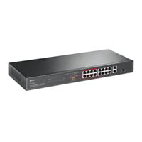 tp-link 16× PoE+ 10/100 Mbps RJ45 ports, 2× Gigabit RJ45 ports, and 1× combo Gigabit SFP slot.