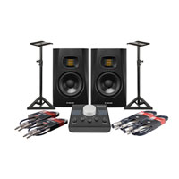 ADAM Audio T5V Speakers, Mackie Big Knob Monitor Controller, Monitor Stands and Cables