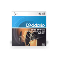D'Addario EJ11-3D 80/20 Bronze Acoustic Guitar Strings, Light, 12-53, 3 Sets D'Addario EJ11-3D 80/20 Bronze Acoustic Guitar Strings, Light, 12-53, 3 Sets