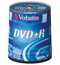 Verbatim DVD+R 4.7GB x16 Storage Media 100pcs Cakebox