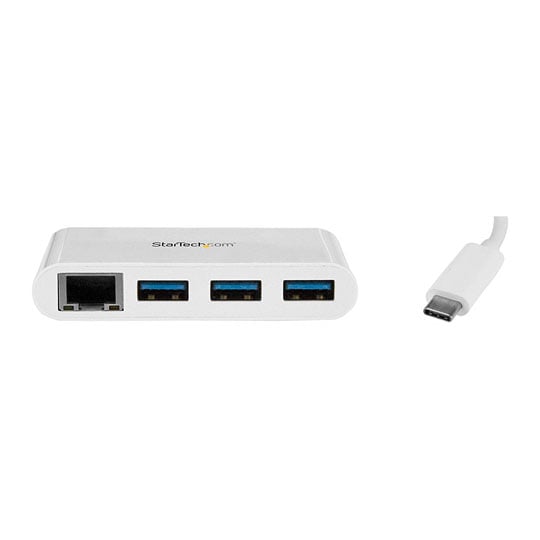 3-Port USB-C Hub with Gigabit Ethernet - USB-C to 3x USB-A - USB 3.0 Hub - White