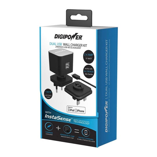 DigiPower Dual Port USB Fast Charger with MFi Lightning Cable