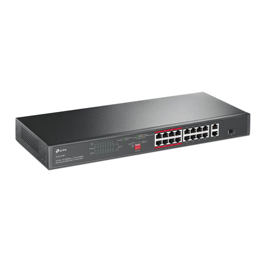 tp-link 16× PoE+ 10/100 Mbps RJ45 ports, 2× Gigabit RJ45 ports, and 1× combo Gigabit SFP slot.