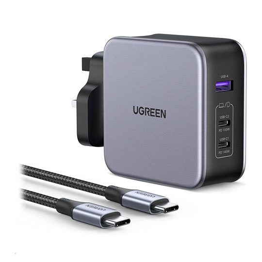 UGREEN Nexode 140W USB-C/A 3 in 1 GaN3 Compact Fast Charger UK Wall Plug inc 5ft 240W C-C Cable
