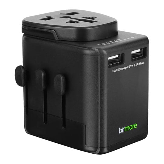 Bitmore World to World Wall Charger, 2x USB Type-A 12W, International Travel Adaptor, 175+ Countries