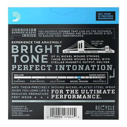 D'Addario EXL140-3D Nickel Wound Electric Guitar Strings, Light Top/Heavy Bottom, 10-52, 3 Sets