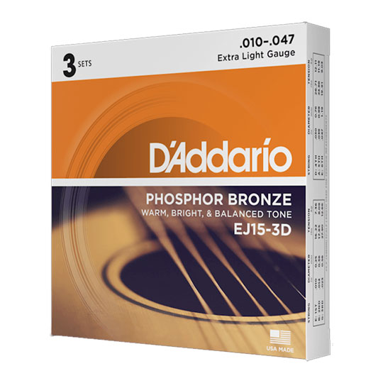 D'Addario EJ15-3D 10-47 Extra Light Acoustic Guitar Strings 3-Pack