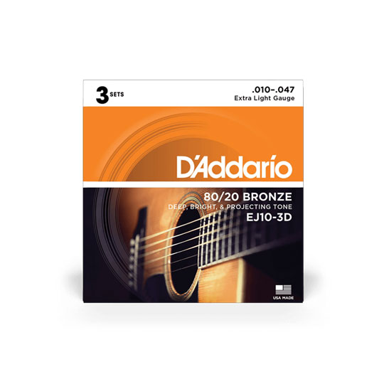 D'Addario EJ10-3D 80/20 Bronze Acoustic Guitar Strings, Extra Light, 10-47, 3 Sets D'Addario EJ10-3D 80/20 Bronze Acoustic Guitar Strings, Extra Light, 10-47, 3 Sets