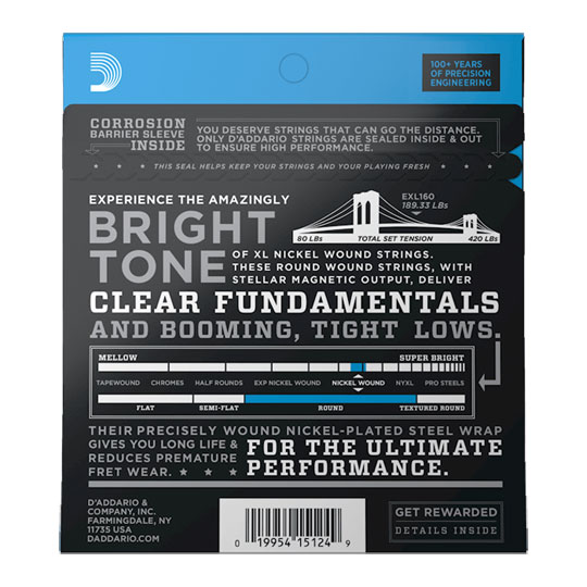 D'Addario EXL160 Nickel Wound Bass Guitar Strings, Medium, 50-105, Long Scale