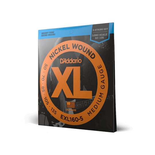 D'Addario EXL160-5 5-String Nickel Wound Bass Guitar Strings, Medium, 50-135, Long Scale