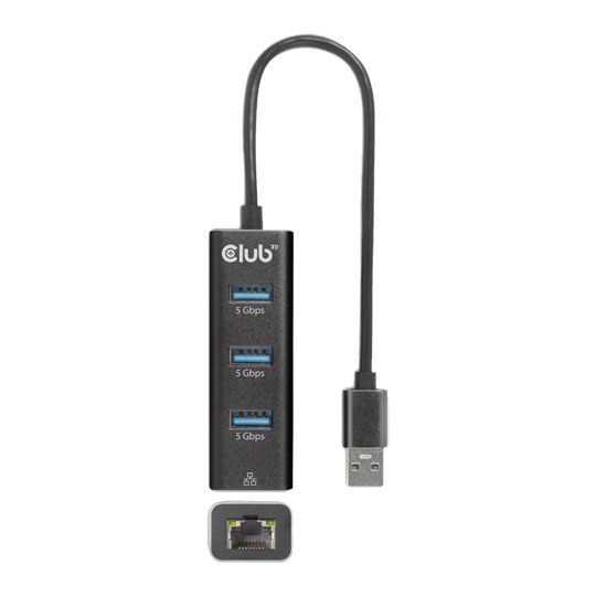 Club3D 3-Port Hub with Gigabit Ethernet, USB 3.2 Gen1 Type A