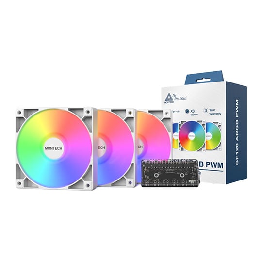 Montech GF120 ARGB PWM 120mm White Case Fan - 3 Pack w/ Fan Hub