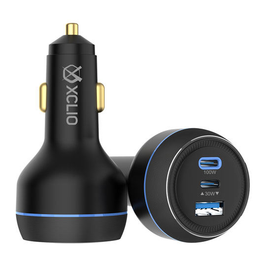 Xclio Premium 130W Ultra Fast PD Dual USB-C + USB-A Metal Car Charger for Laptops/Phones/Tablets