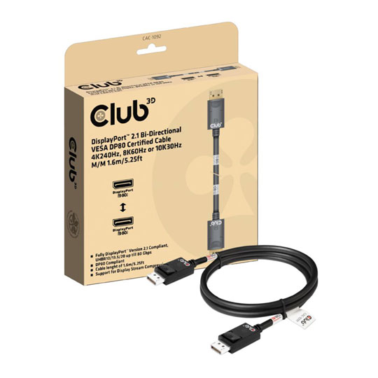Club 3D 1.6m DisplayPort™ 2.1 Bi-Directional VESA DP80 Certified Cable
