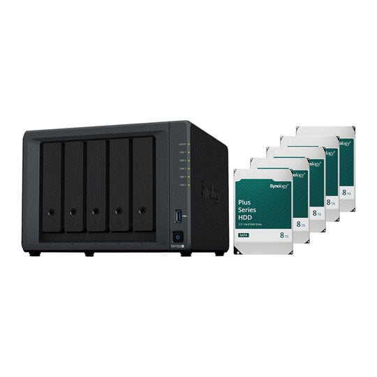 Open Box Synology 5 Bay DS1522+ Desktop NAS Unit with 2 M.2 Slots + 5x 8TB Synology HAT3310 HDD