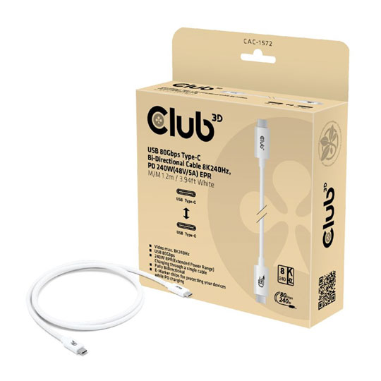 Club3D 1.2-Metre Thunderbolt 5 (80Gbps) White USB-C to USB-C Cable