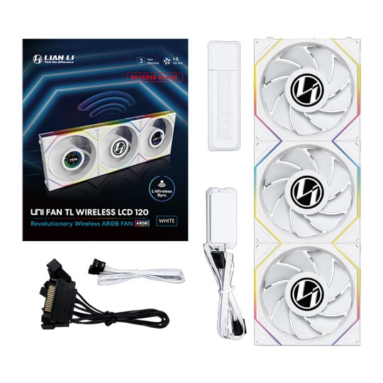 Lian Li UNI TL LCD Wireless Reverse Blade 120mm ARGB PWM Fan White 3 Pack with L-Wireless Hub : image 4