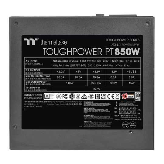 Thermaltake Toughpower PT 850W Fully Modular 80+ PLATINUM PCIE 5.1 Quiet Power Supply/PSU ATX3.1 : image 4