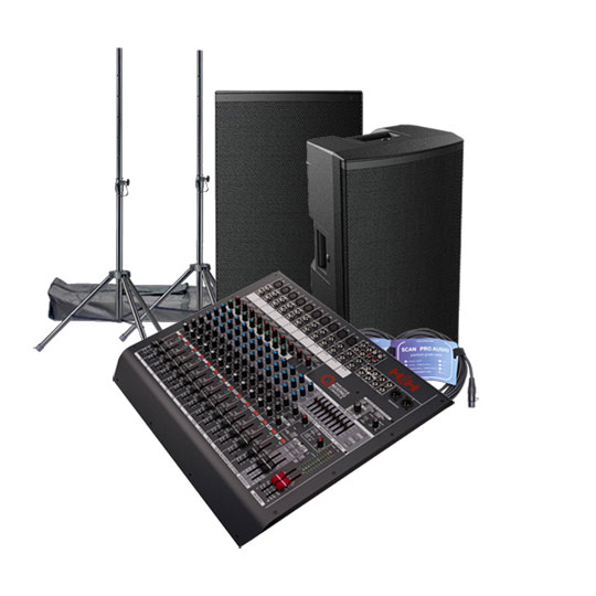 HH 12" Loudspeakers, Q16FX Mixing Desk, Stands and Leads