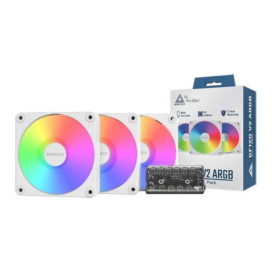 Montech GF120 V2 ARGB PWM 120mm Fan 3 Pack with 6 Port Hub White