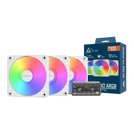 Montech GF120R V2 ARGB PWM 120mm Reverse Blade Fan 3 Pack with 6 Port Hub White