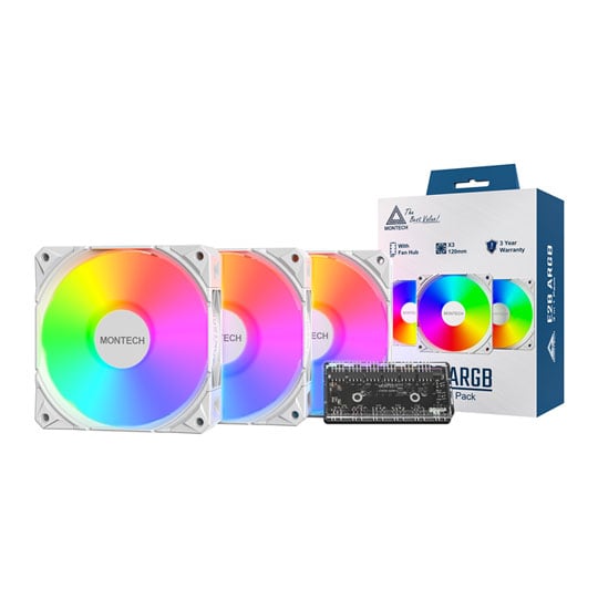 Montech E28 ARGB 120mm White PWM Fans - 3 Pack w/ Fan Hub Montech E28 ARGB 120mm White PWM Fans - 3 Pack w/ Fan Hub