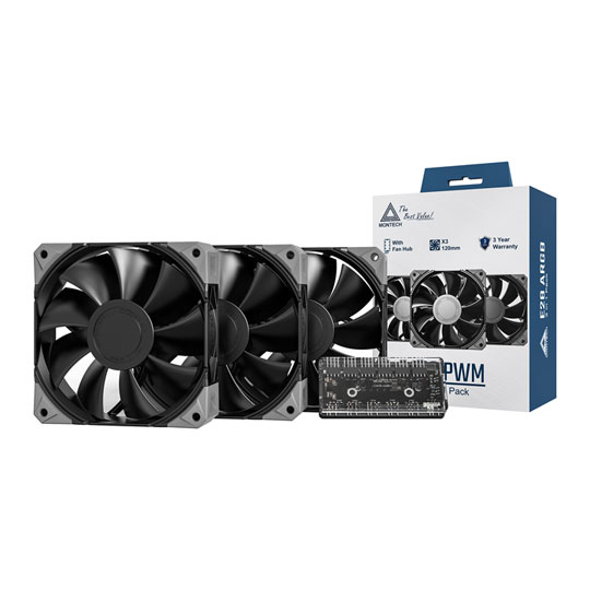 Montech E28 PWM 120mm Black Fans - 3 Pack w/ Fan Hub Montech E28 PWM 120mm Black Fans - 3 Pack w/ Fan Hub