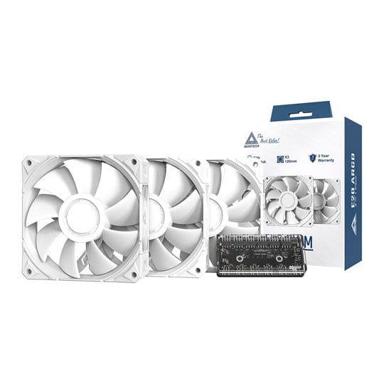 Montech E28 PWM 120mm White Fans - 3 Pack w/ Fan Hub Montech E28 PWM 120mm White Fans - 3 Pack w/ Fan Hub