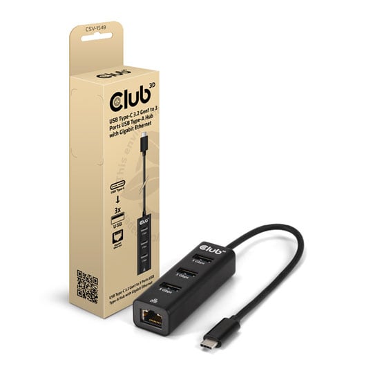 Club 3D USB Type-C 3.2 Gen1 to 3 Ports USB Type-A Hub with Gigabit Ethernet