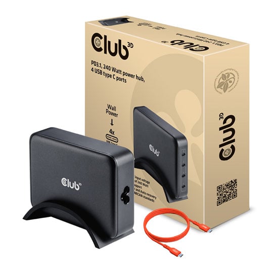 Club 3D 240W GaN Technology 4-Port USB Travel Charger with PD3.1 Support