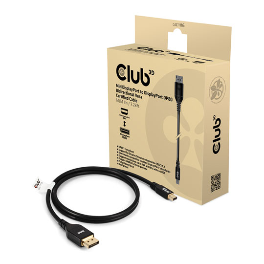 Club 3D 1M MiniDisplayPort to DisplayPort Bi-Directional VESA DP80 Certified Cable