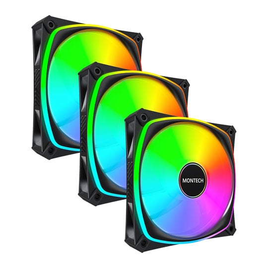 Montech RX120 Pro ARGB 120mm Black Reverse PWM Fan Triple Pack w/ Fan Hub